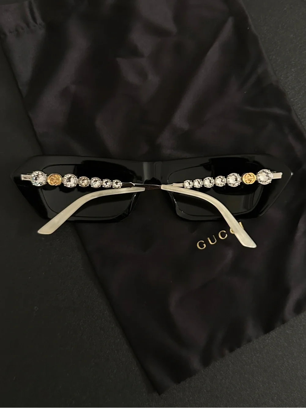 Gucci Black Sunglasses with Gold Logo and Silver Rhinestone Accent